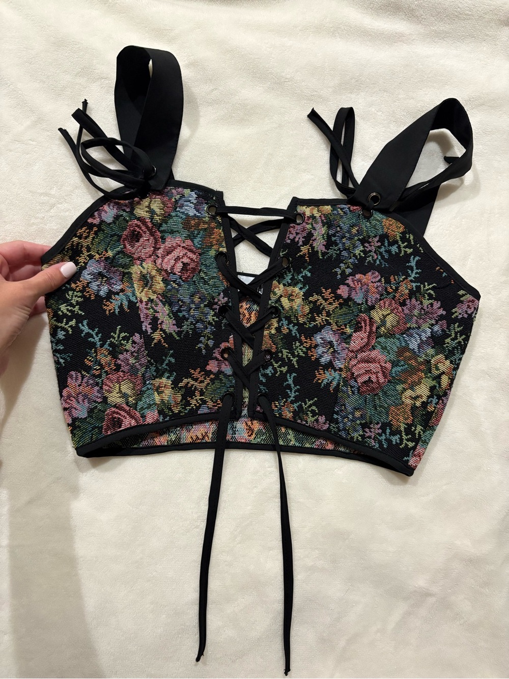 Amazing Lace Black Floral Tapestry Lace-Up Crop Top